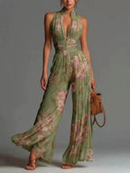 Aimee - Women's Halter Deep V Pleated Wide Leg Jumpsuit 3