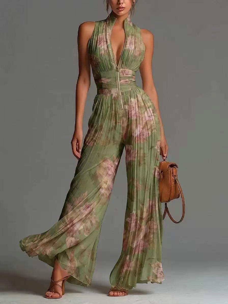Aimee - Women's Halter Deep V Pleated Wide Leg Jumpsuit 3
