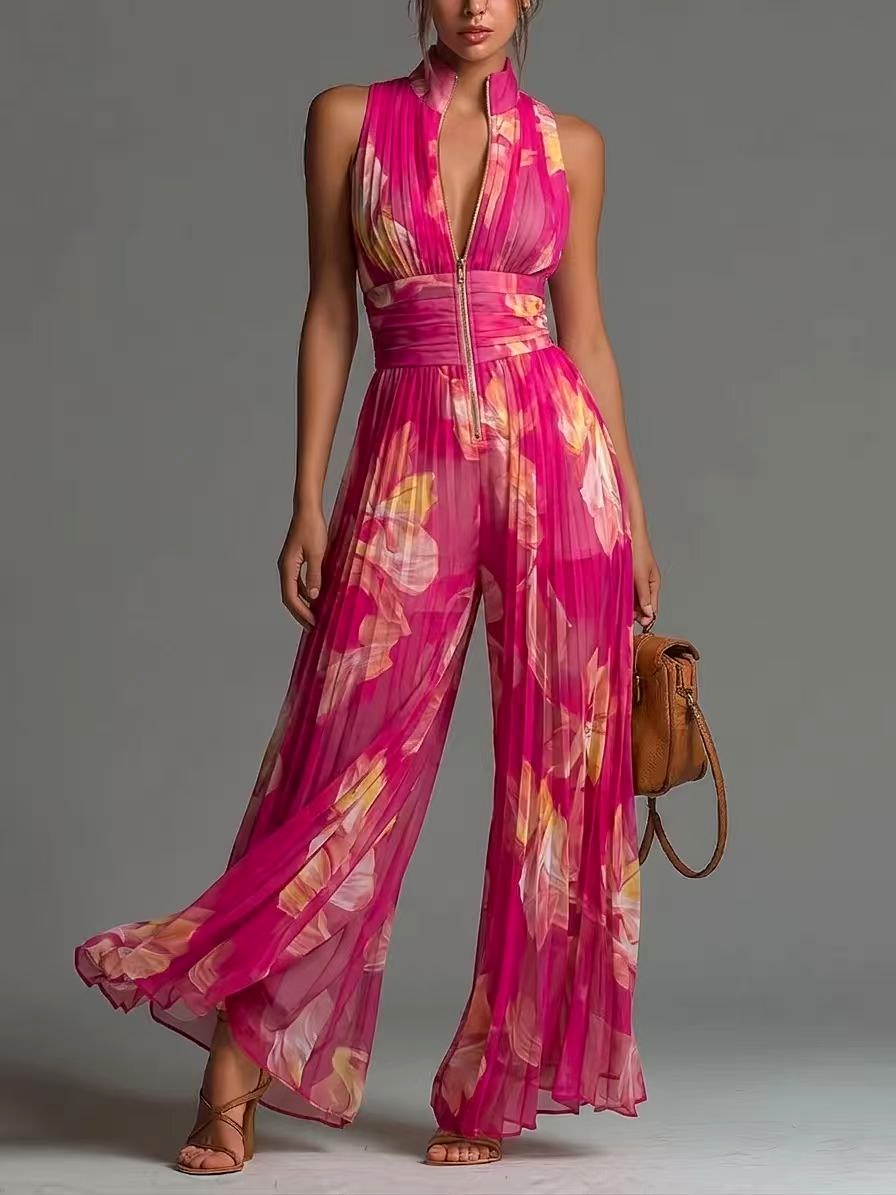 Aimee - Women's Halter Deep V Pleated Wide Leg Jumpsuit 4