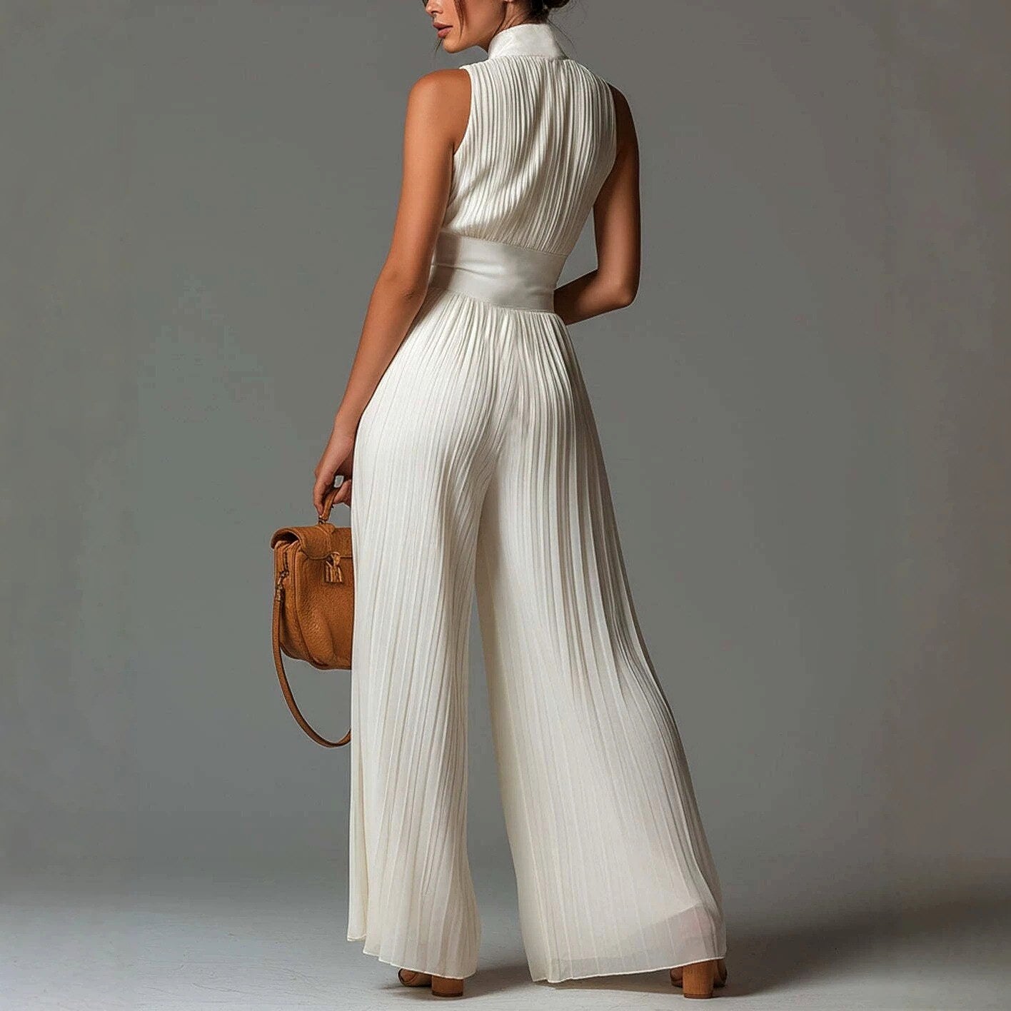 Aimee - Women's Halter Deep V Pleated Wide Leg Jumpsuit 6