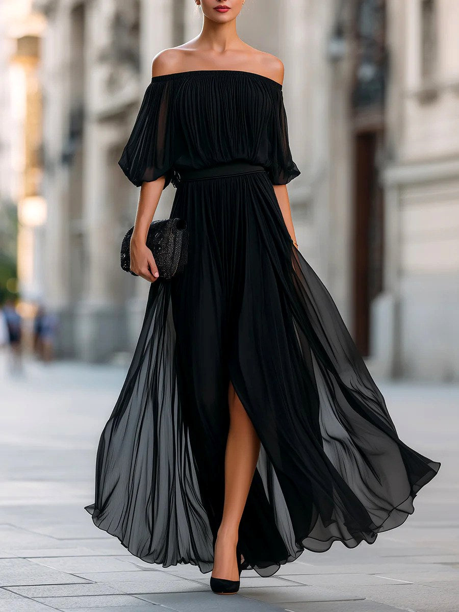 Aimee - Women's Off-Shoulder Pleated Maxi Dress 2