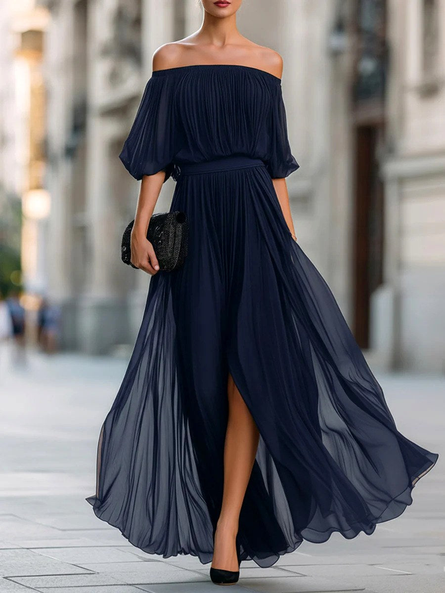 Aimee - Women's Off-Shoulder Pleated Maxi Dress 3