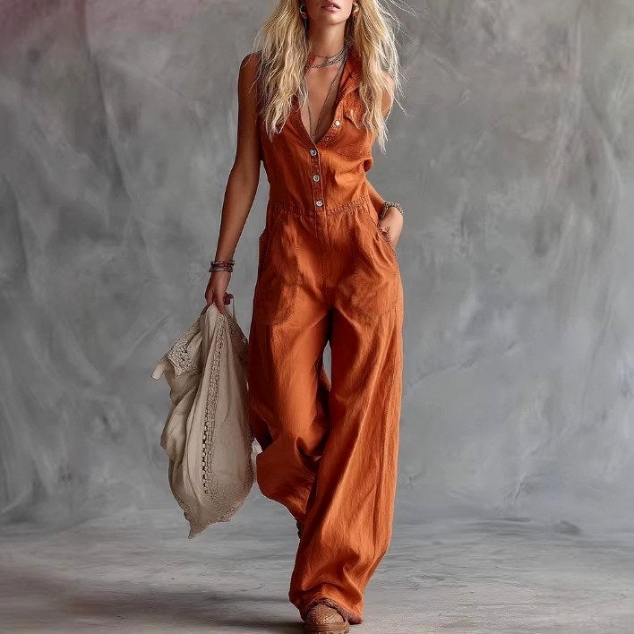 Alethea - Women's Linen V-Neck Wide-Leg Jumpsuit 1