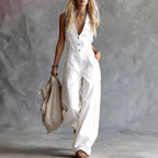 Alethea - Women's Linen V-Neck Wide-Leg Jumpsuit 3