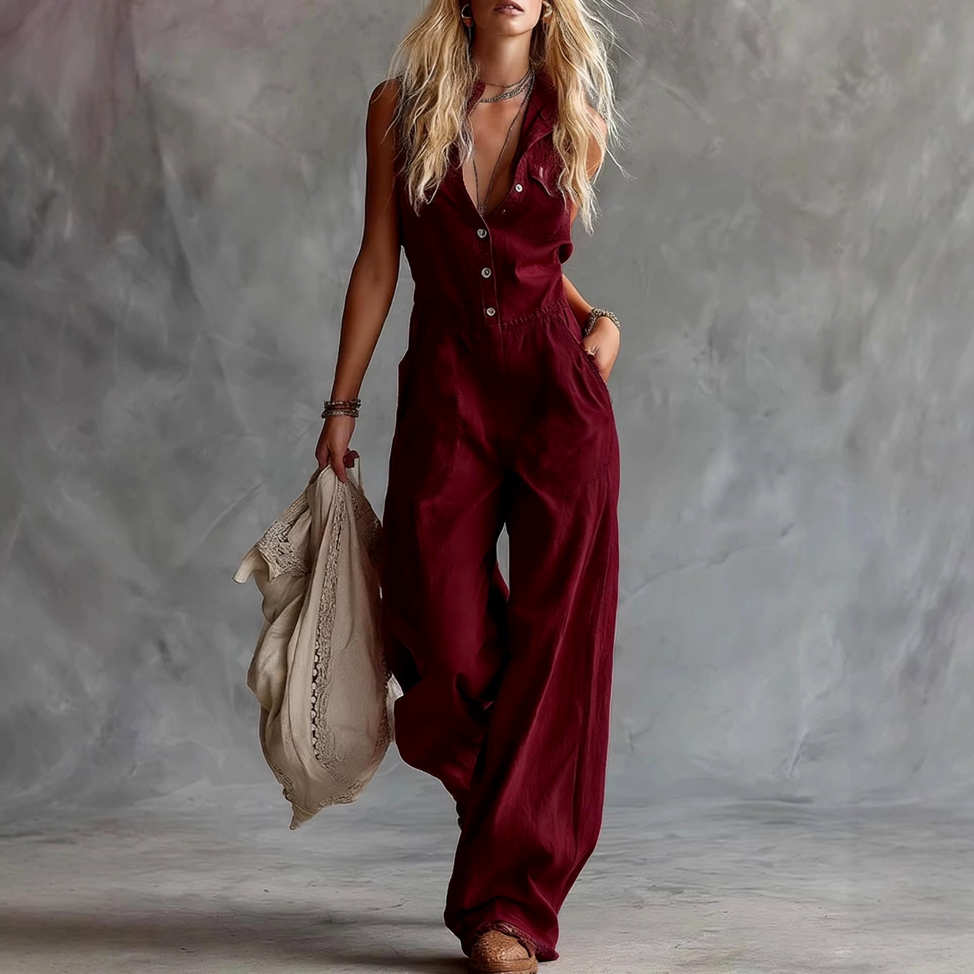 Alethea - Women's Linen V-Neck Wide-Leg Jumpsuit 4