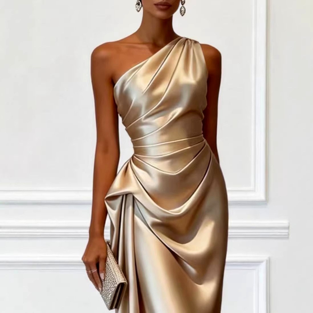 Alethea - Women's One-Shoulder Slim Fit Ruched Maxi Dress 3