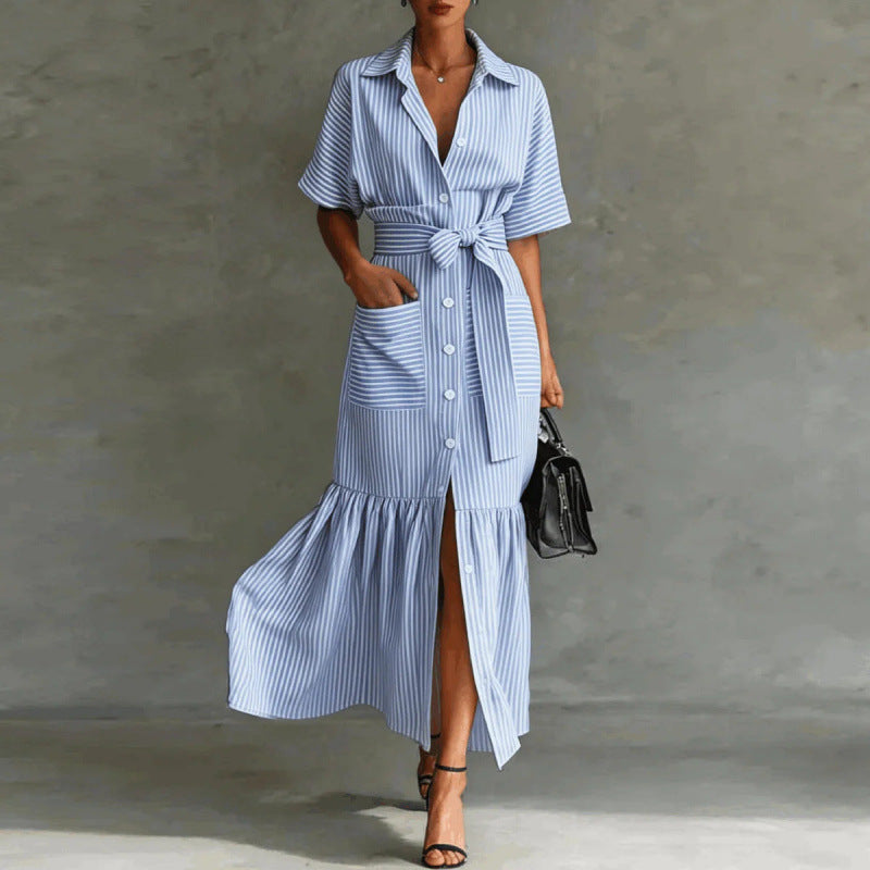 Alethea - Women's Striped Collared Shirt Maxi Dress 1