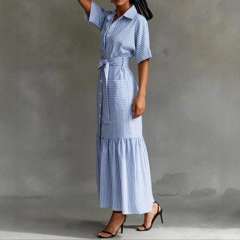Alethea - Women's Striped Collared Shirt Maxi Dress 3