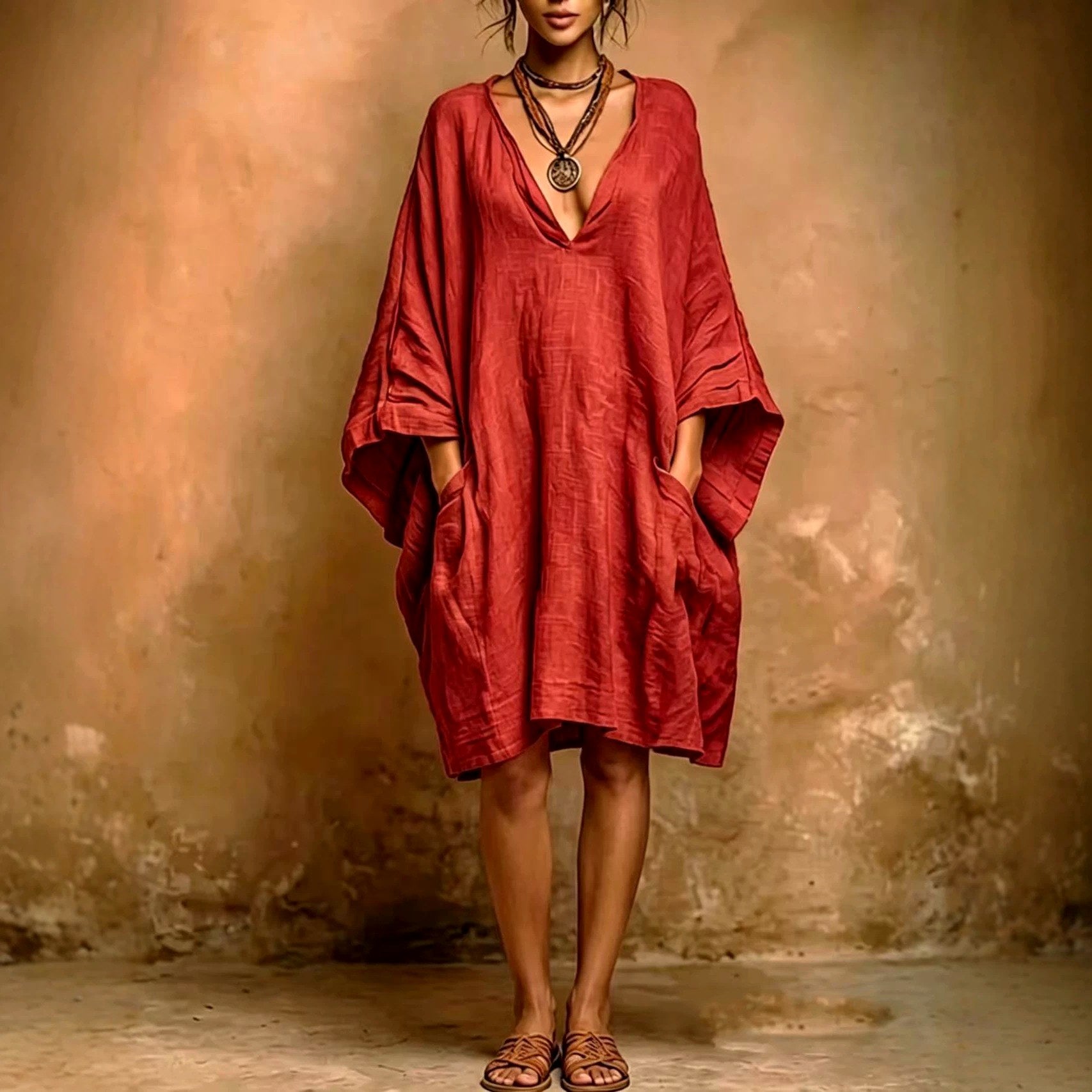 Alethea - Women's V-Neck Batwing Loose Dress 3