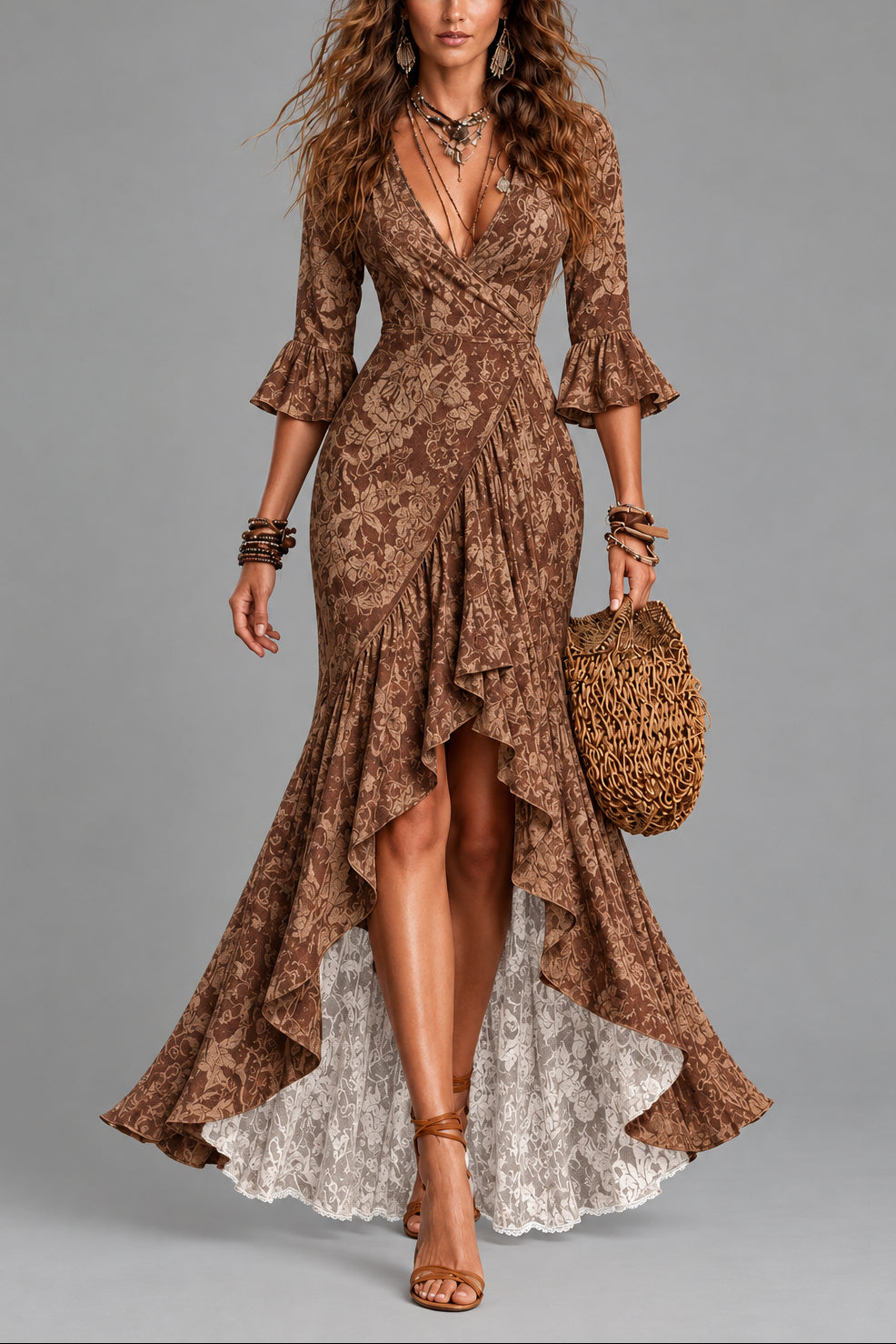Alexa - Women's Floral Wrap Front Ruffle Dress 2