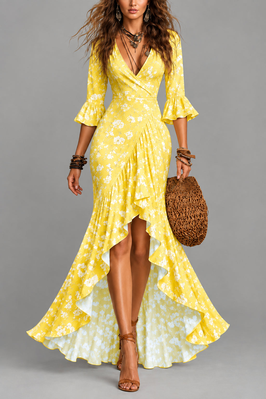 Alexa - Women's Floral Wrap Front Ruffle Dress 3