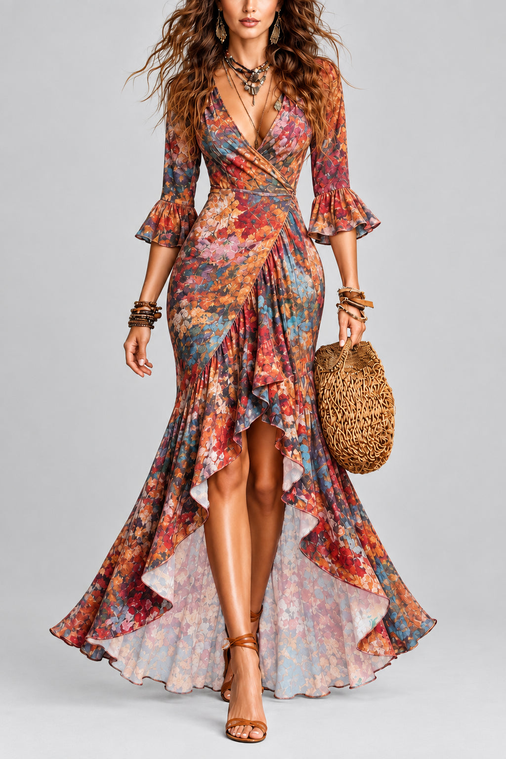 Alexa - Women's Floral Wrap Front Ruffle Dress 4