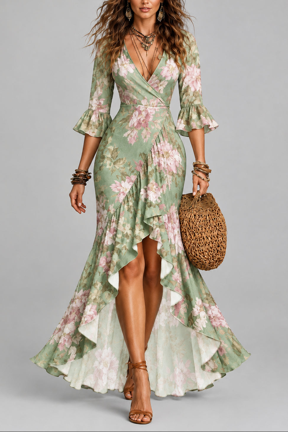 Alexa - Women's Floral Wrap Front Ruffle Dress 5