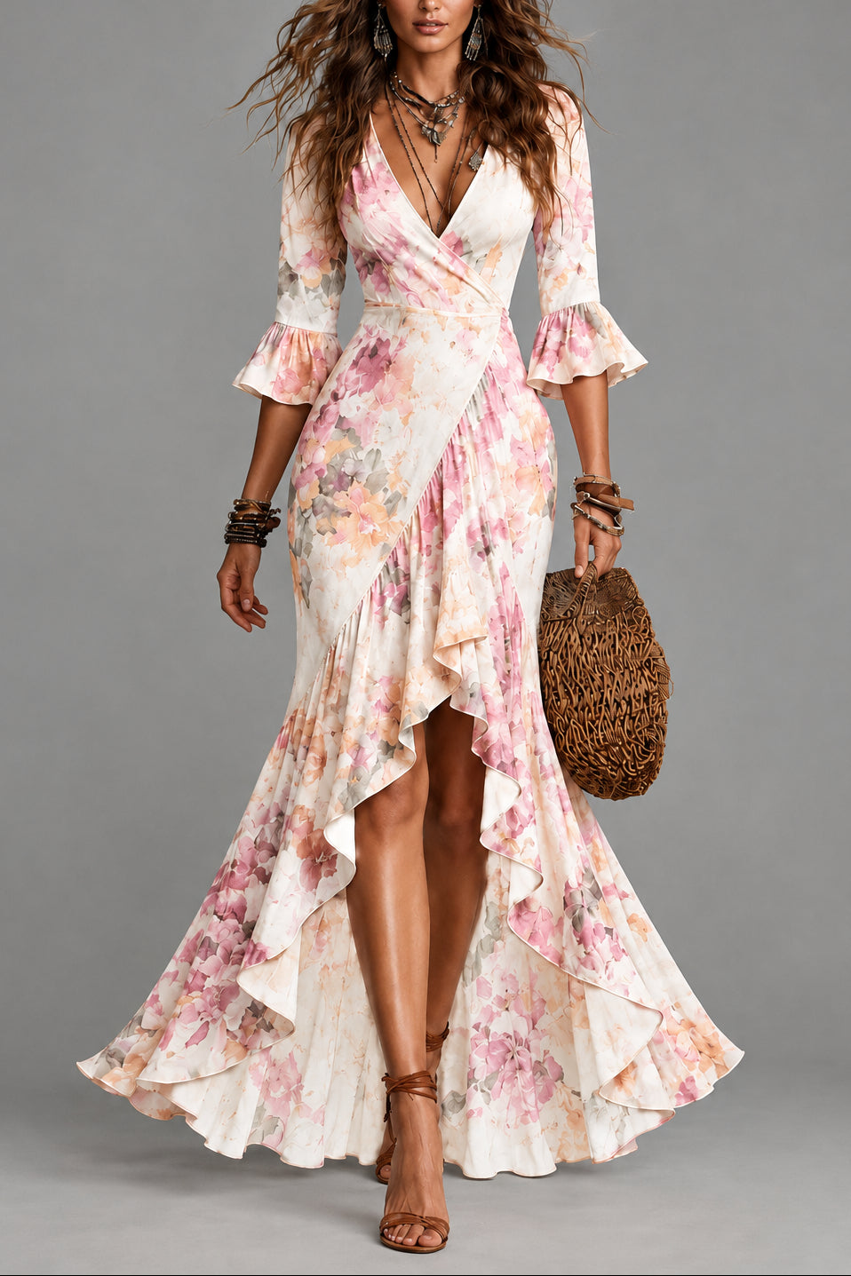 Alexa - Women's Floral Wrap Front Ruffle Dress 6