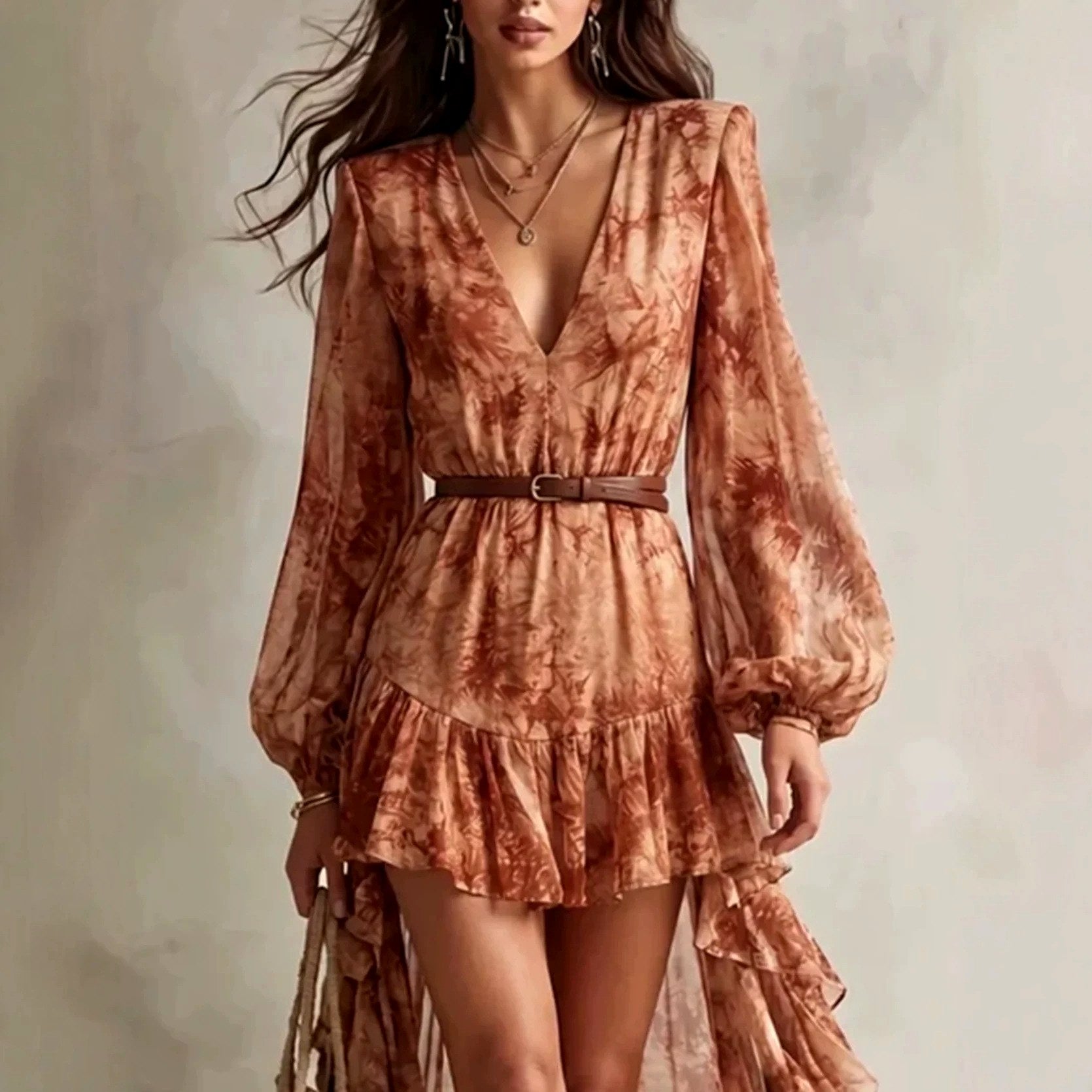 Aloisia - Women's Tie-Dye Lantern Sleeve Mini Dress 2