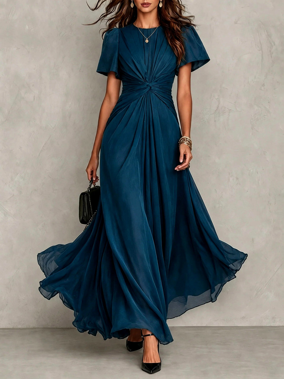 Alycia - Women's Ruched Bodice Flutter Sleeve Maxi Dress 1