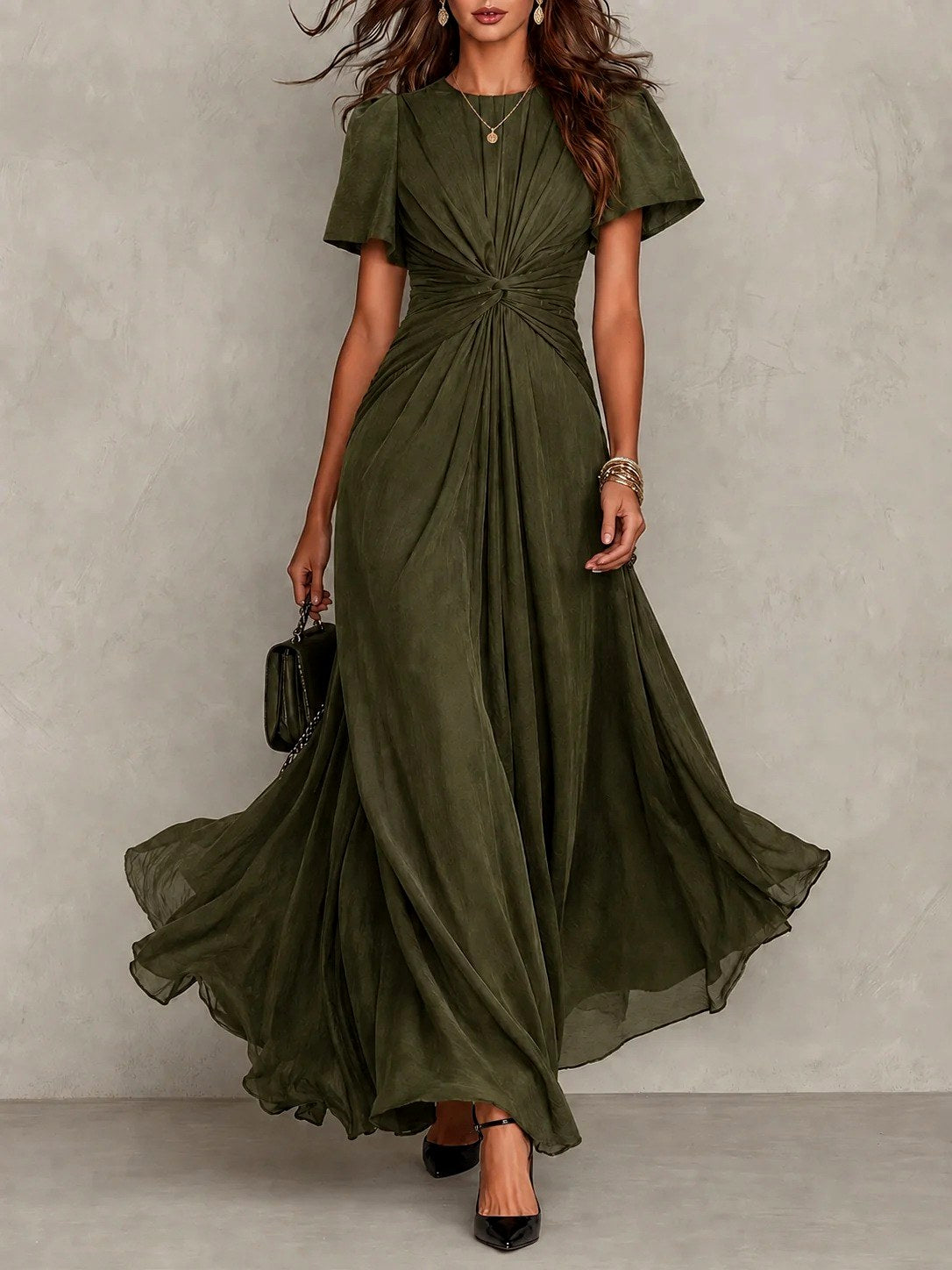 Alycia - Women's Ruched Bodice Flutter Sleeve Maxi Dress 2
