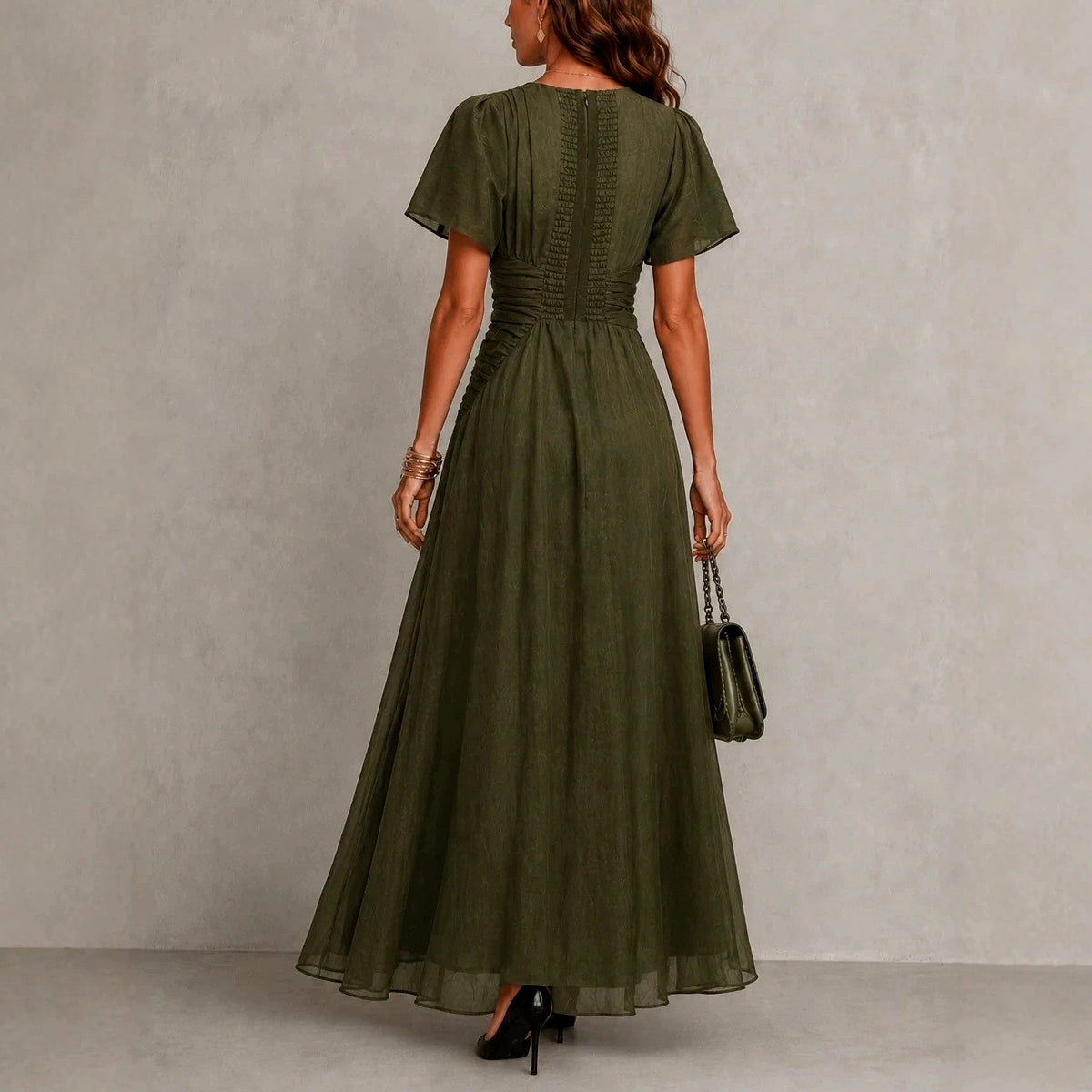 Alycia - Women's Ruched Bodice Flutter Sleeve Maxi Dress 3