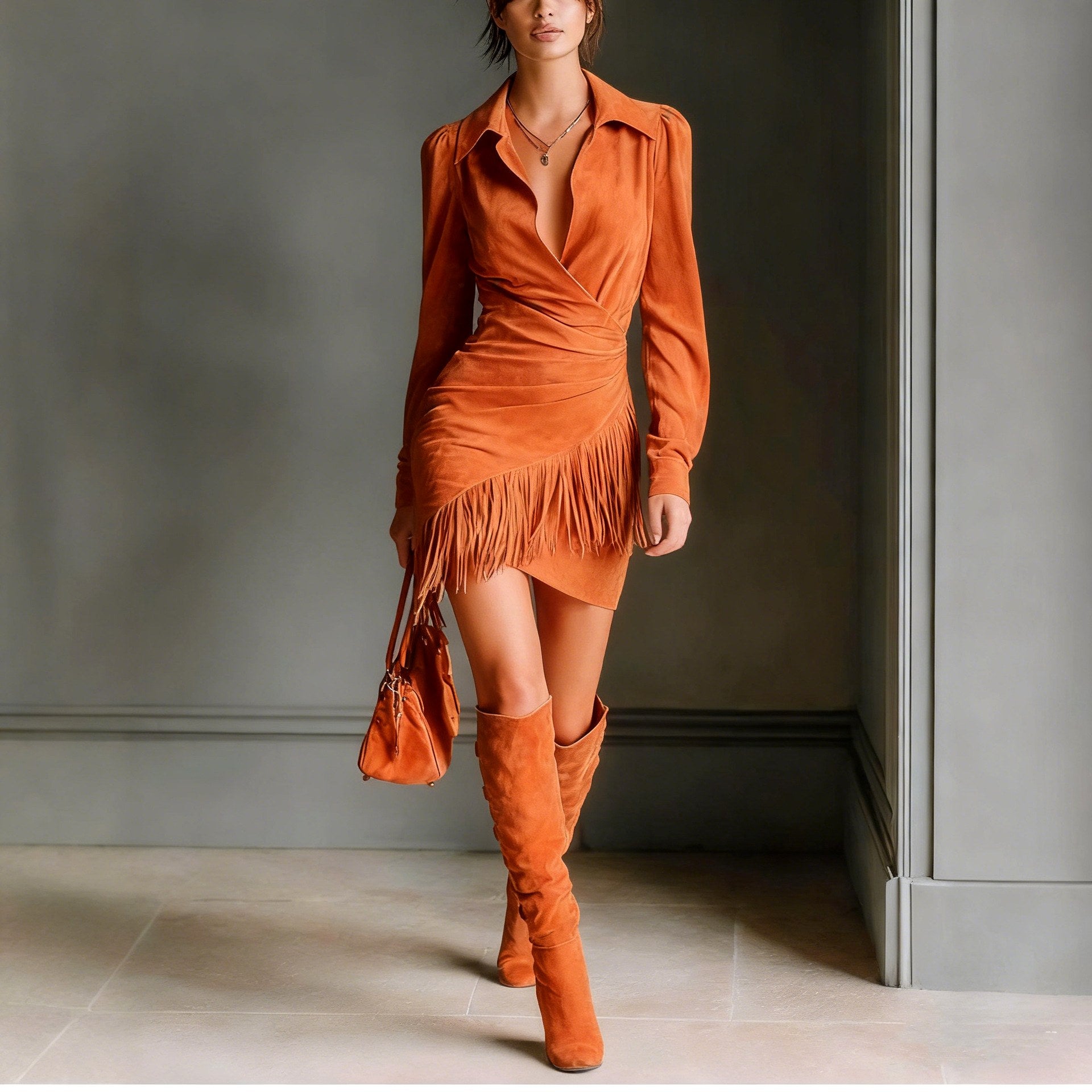 Alycia - Women's Suede Puffed Sleeve Bodycon Dress 4