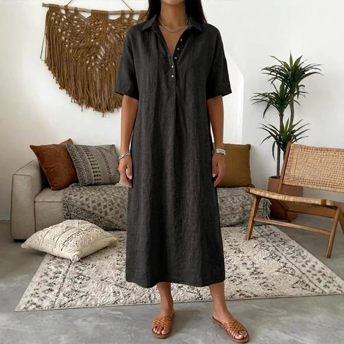 Amara - Women's Linen Polo Collar Straight Midi Dress 1