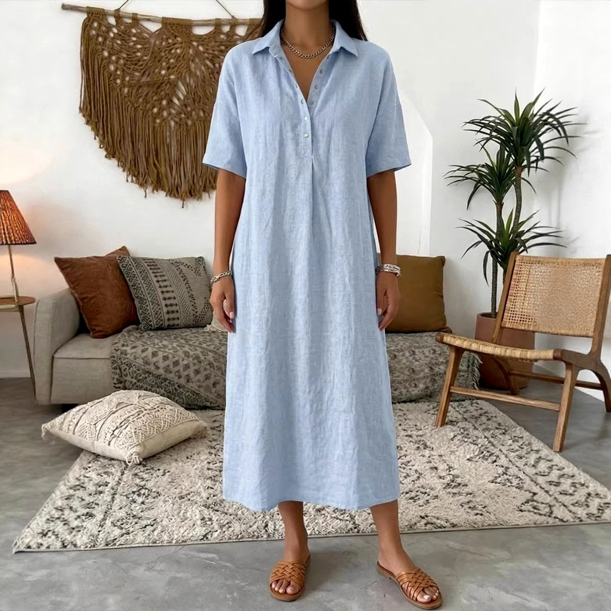 Amara - Women's Linen Polo Collar Straight Midi Dress 2