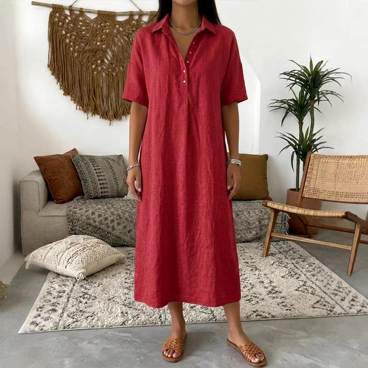 Amara - Women's Linen Polo Collar Straight Midi Dress 3