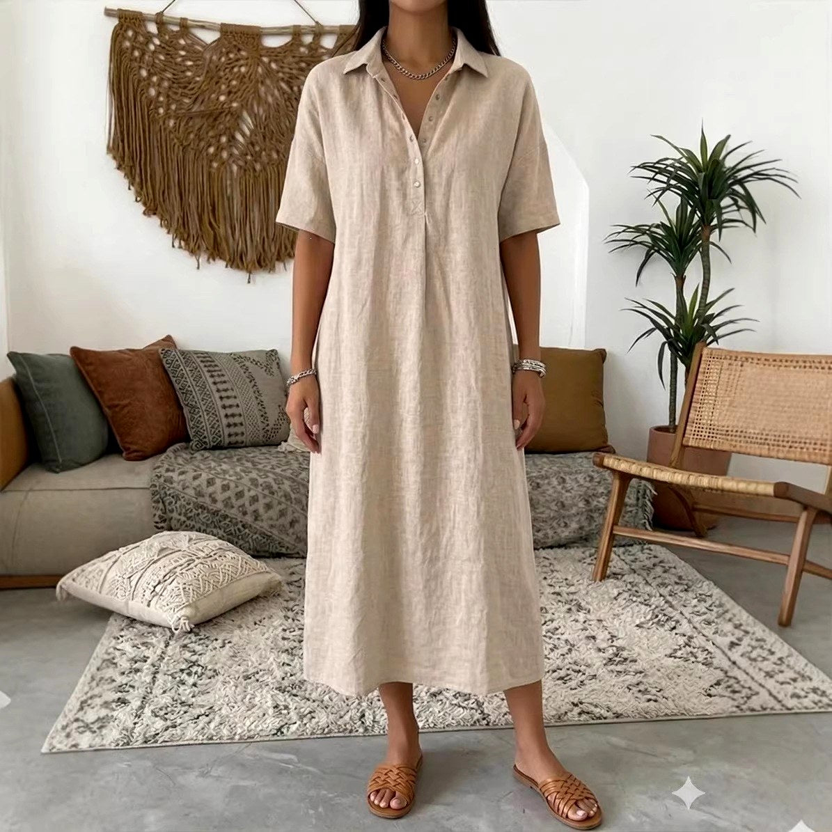 Amara - Women's Linen Polo Collar Straight Midi Dress 4