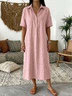 Amara - Women's Linen Polo Collar Straight Midi Dress 5