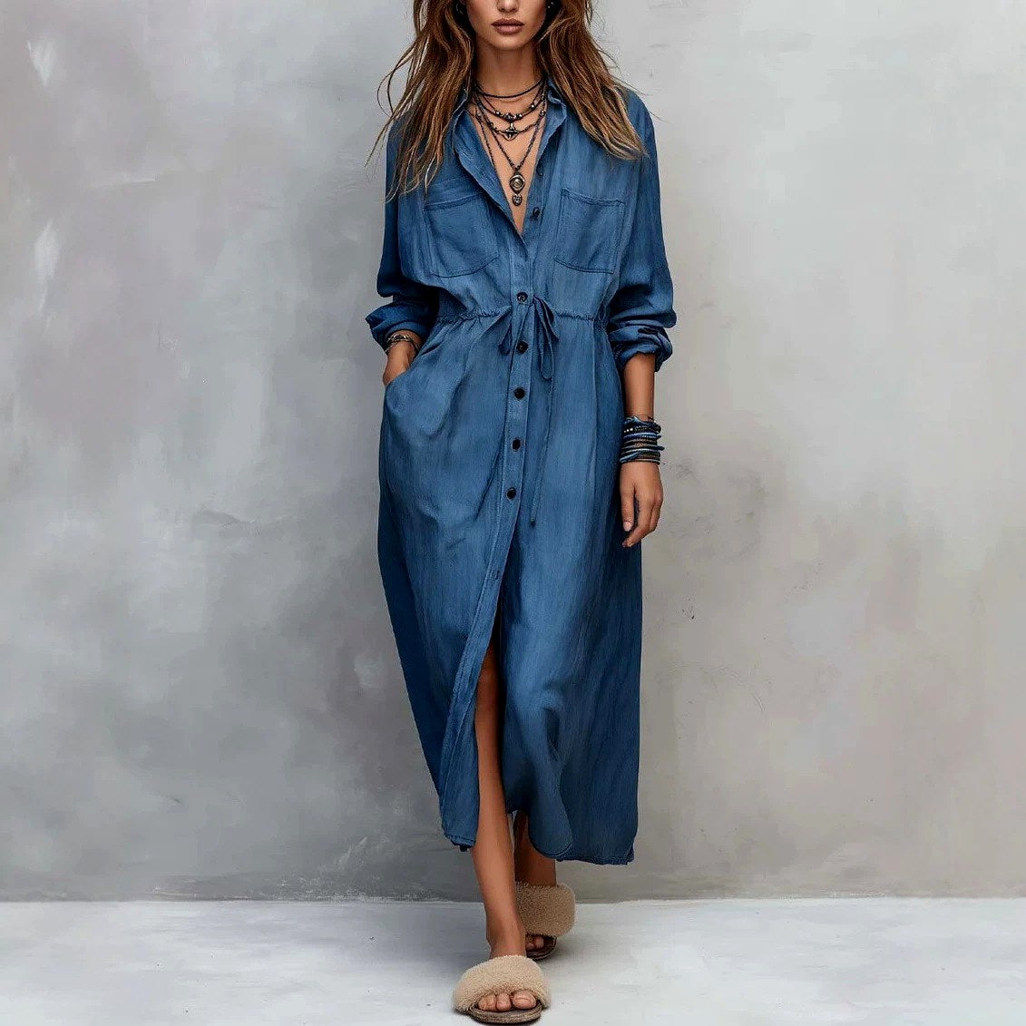 Amaryllis - Women's Collared Long Sleeve Shirt Maxi Dress 2