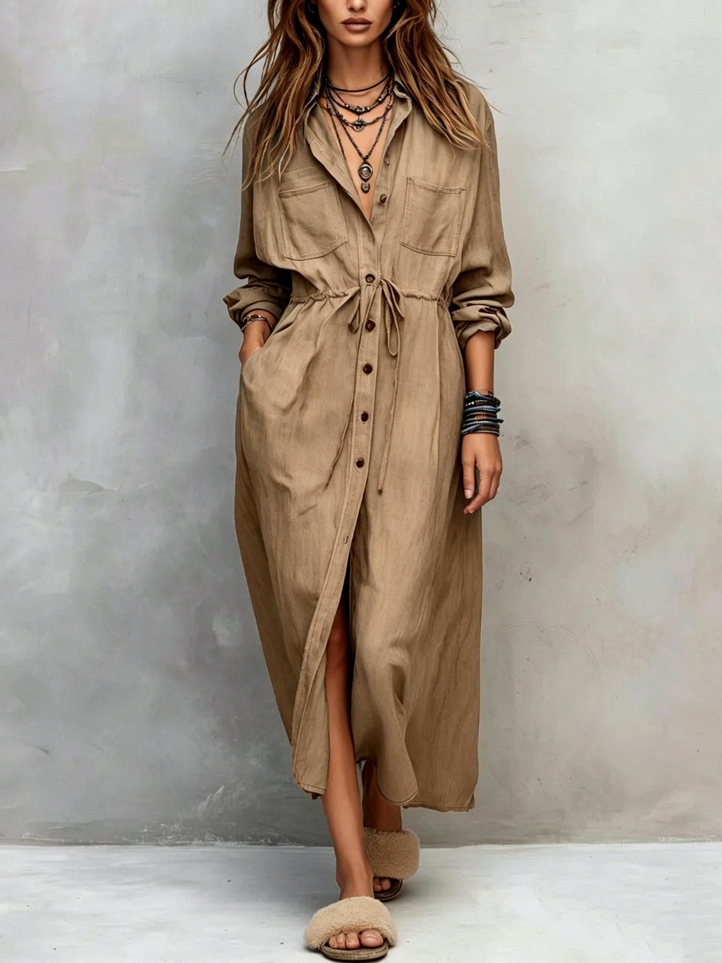 Amaryllis - Women's Collared Long Sleeve Shirt Maxi Dress 4