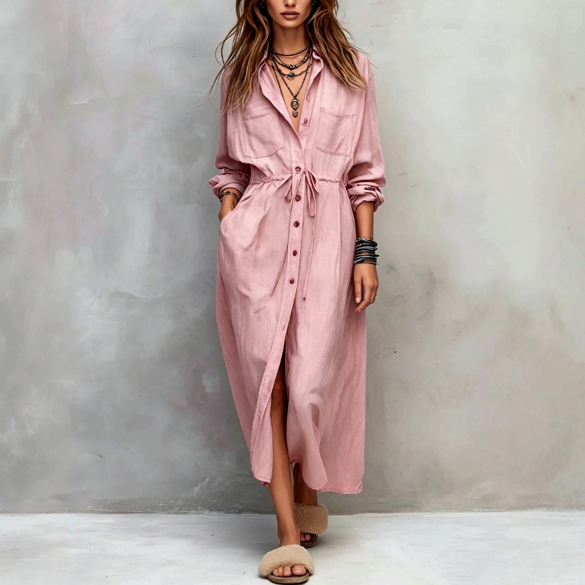 Amaryllis - Women's Collared Long Sleeve Shirt Maxi Dress 5