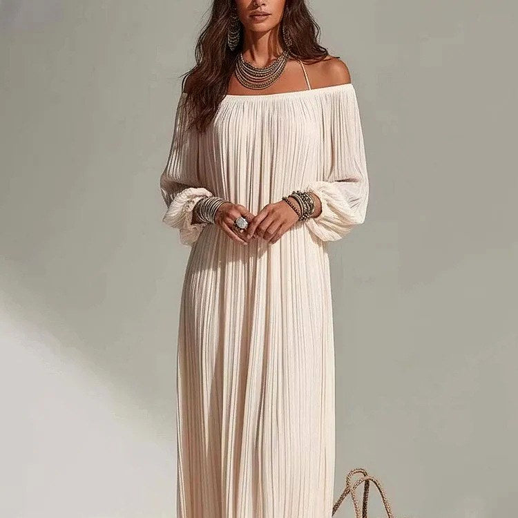 Amelia - Women's Off-the-Shoulder Pleated Maxi Dress 4