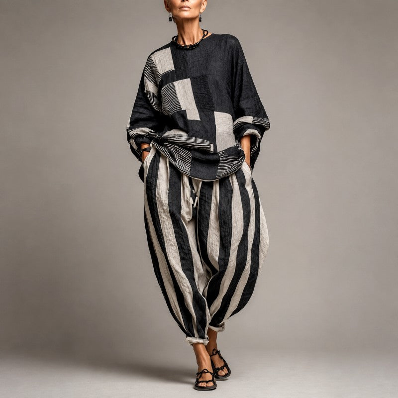 Angela - Women's Patchwork Top & Striped Harem Pants Set 1