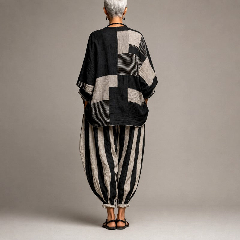 Angela - Women's Patchwork Top & Striped Harem Pants Set 2