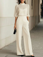 Angelina - Women's Sheer Puff-Sleeve Camisole & Wide-Leg Trouser Set