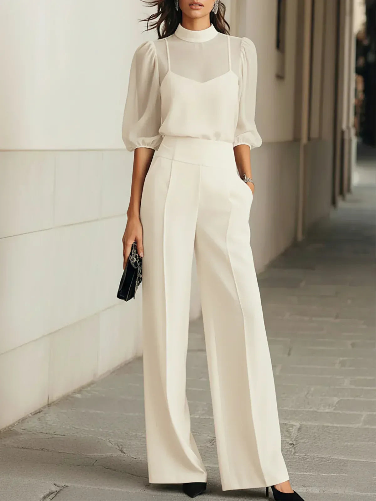 Angelina - Women's Sheer Puff-Sleeve Camisole & Wide-Leg Trouser Set