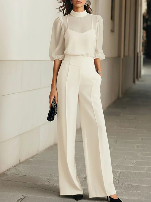 Angelina - Women's Sheer Puff-Sleeve Camisole & Wide-Leg Trouser Set
