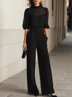 Angelina - Women's Sheer Puff-Sleeve Camisole & Wide-Leg Trouser Set