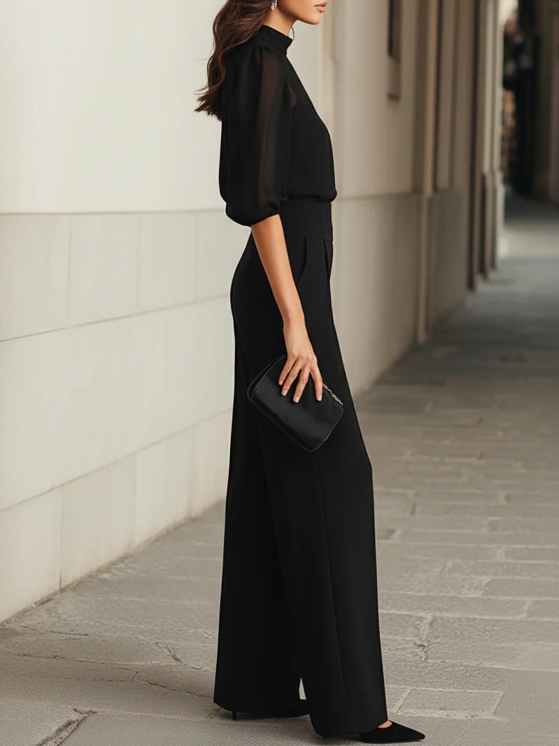 Angelina - Women's Sheer Puff-Sleeve Camisole & Wide-Leg Trouser Set