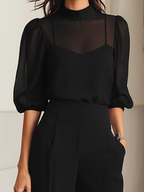 Angelina - Women's Sheer Puff-Sleeve Camisole & Wide-Leg Trouser Set