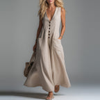 Angeline - Women's Button Front Sleeveless Maxi Dress with Pockets 1