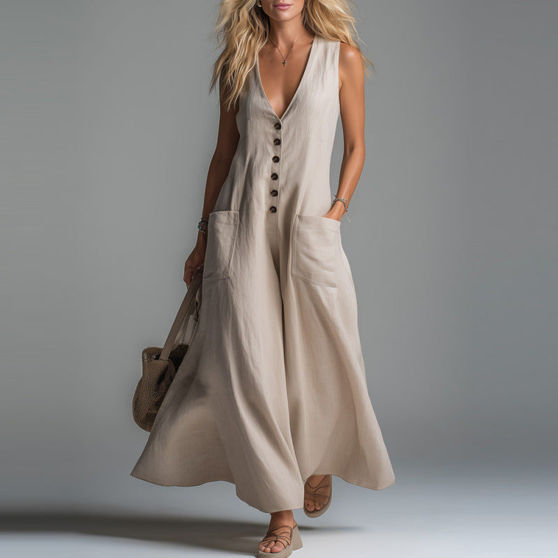 Angeline - Women's Button Front Sleeveless Maxi Dress with Pockets 1