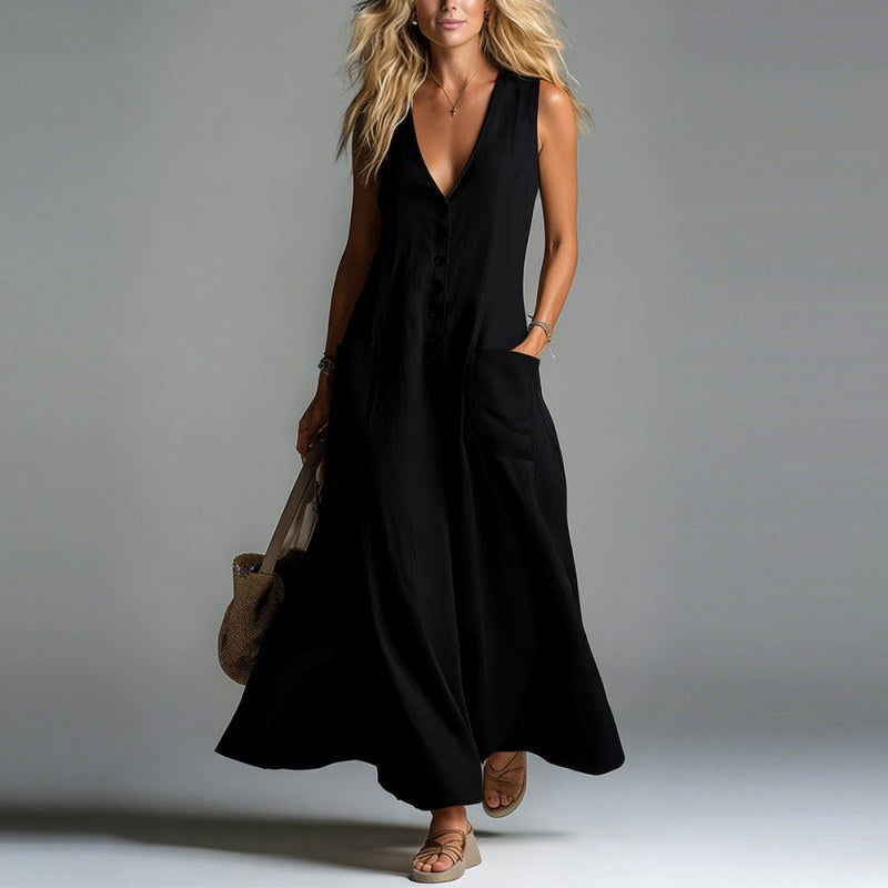 Angeline - Women's Button Front Sleeveless Maxi Dress with Pockets 4