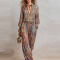 Angeline - Women's Paisley V-Neck Wide Leg Matching Set 1