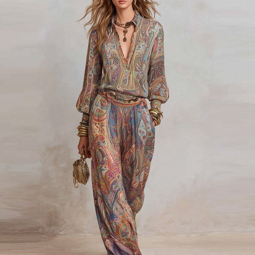 Angeline - Women's Paisley V-Neck Wide Leg Matching Set 1