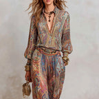 Angeline - Women's Paisley V-Neck Wide Leg Matching Set 2