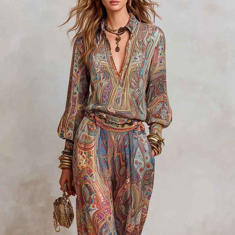 Angeline - Women's Paisley V-Neck Wide Leg Matching Set 2