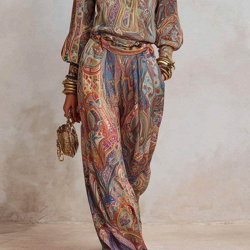 Angeline - Women's Paisley V-Neck Wide Leg Matching Set 3