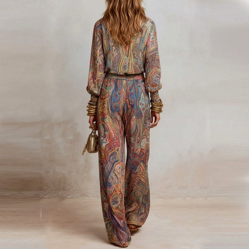 Angeline - Women's Paisley V-Neck Wide Leg Matching Set 4