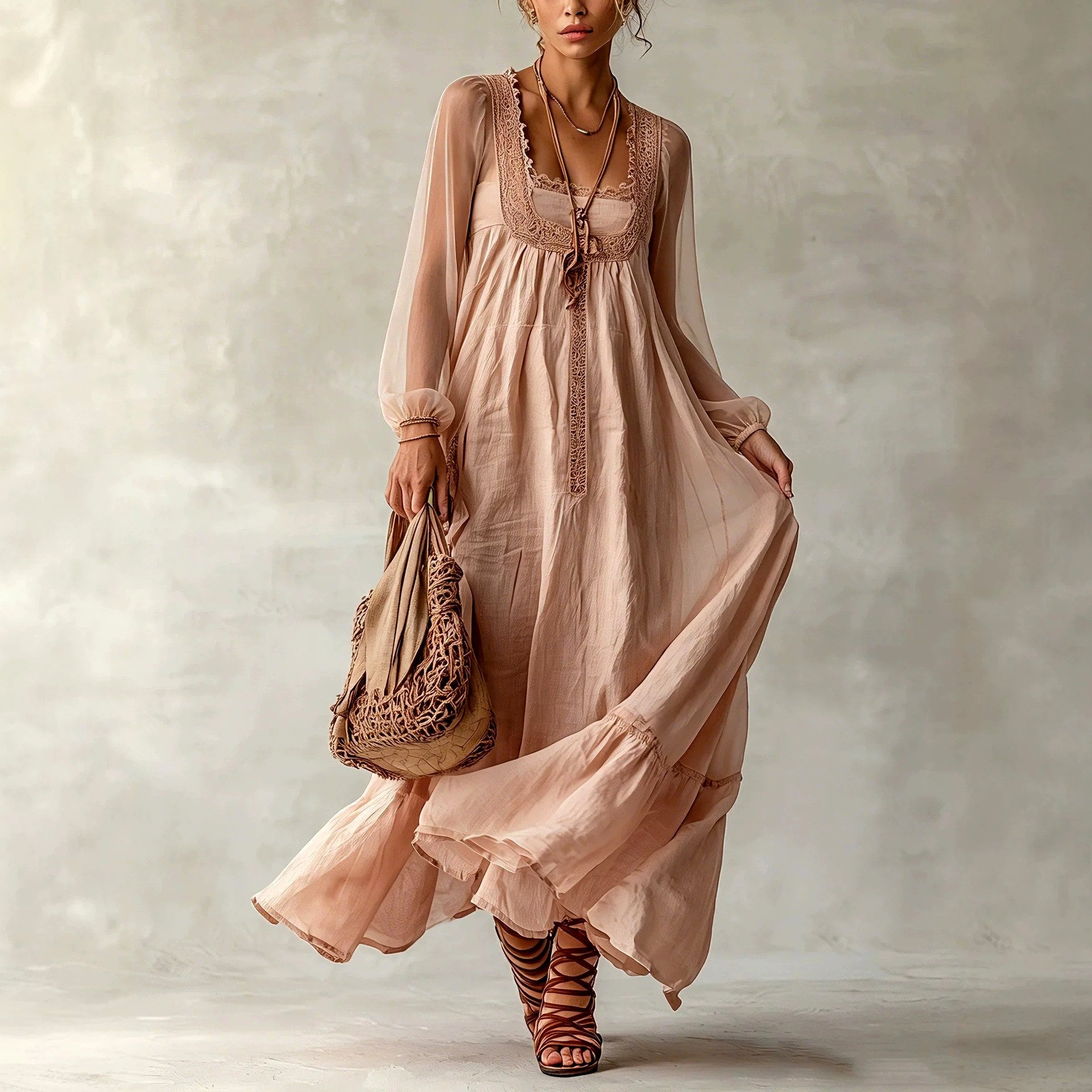 Antoinette - Women's Lace Trim Square Neck Boho Maxi Dress 1